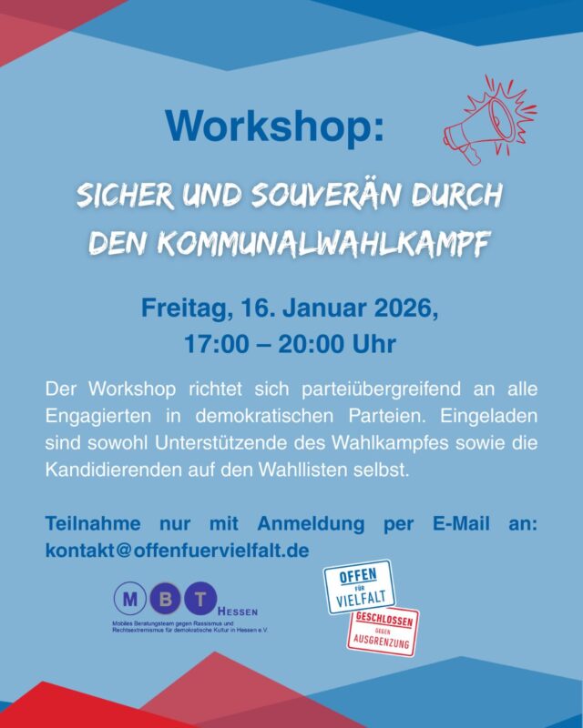 ➡️🗳️ Kommunalwahlkampf in Kassel hat begonnen

Wer über Weihnachten durch Kassel gelaufen ist, hat es sicher bemerkt: Wahlplakate mit Weihnachts- und Neujahrsgrüßen. Der Kommunalwahlkampf ist gestartet – mit Infoständen, Haustürbesuchen und Diskussionen, damit Bürger*innen gut informiert entscheiden können.

Doch Wahlkämpfe haben sich verändert:
Die Stimmung wird rauer, Diskussionen erhitzter und leider kommt es immer öfter zu Beleidigungen. 64 % der Mandatsträger*innen in Deutschland haben solche Erfahrungen gemacht.

Dabei sind ehrenamtliche Kommunalpolitiker*innen das Rückgrat unserer Demokratie. Sie verdienen Schutz, Unterstützung und Solidarität. Genau hier setzen wir an.

🤝 Workshop: „Sicher und souverän durch den Kommunalwahlkampf“

Gemeinsam mit dem @mbt_hessen Kassel bieten wir einen parteiübergreifenden Workshop für alle Engagierten in demokratischen Parteien an.

Kandidierende mit Interesse am Workshop am 16. Januar ab 17 Uhr melden sich bis 14. Januar unter: kontakt@offenfuervielfalt.de. an. 

📣 Eine Anmeldung ist notwendig, da die Plätze begrenzt sind. 

#demokratie #kommunalwahl #offenfürvielfalt