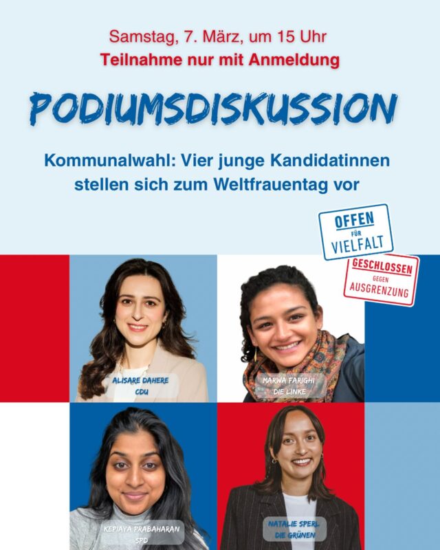 Manch altbewährte Tradition sollte trotz Fortschritt beibehalten werden: Dazu zählt ganz besonders das gemeinsame Kaffeetrinken bei leckerem Kuchen, auch bekannt als Kaffeeklatsch. Warum also nicht das Gemütliche mit dem Demokratischen verbinden? Bei unserem Kaffeeklatsch-Format vor Wahlen kommen wir mit Kandidierenden ins Gespräch.

Dieses Jahr haben wir zur Kommunalwahl einen anderen Fokus gewählt. Anlässlich des Weltfrauentags werden wir mit den jüngsten Kandidatinnen zur Kasseler Stadtverordnetenversammlung ins Gespräch kommen. 💪 Eingeladen haben wir die Kandidatinnen auf den vorderen Listenplätzen für die demokratischen Parteien die bereits in Fraktionsstärke im Kommunalparlament vertreten sind.

☕️ Wir freuen uns ein Podiumsgespräch mit anschließendem Kennenlernen bei Kaffee und Kuchen mit Alisare Dahere (CDU), Kepiaya Prabaharan (SPD), Natalie Sperl (Bündnis 90/Die Grünen) und Marwa Farighi (Die Linke).

Die Veranstaltung findet am Samstag, 7. März, um 15 Uhr in den Räumen von Weit.Vorn (Friedrichsstraße 28) in Kassel statt. Vor Ort gibt es neben einer Podiumsdiskussion die Möglichkeit um Fragen zu stellen, aktuelle Themen zu diskutieren, Anliegen oder sich auch persönlich einzubringen. 

‼️Achtung: Die Plätze sind begrenzt, eine Anmeldung ist daher erforderlich. Daher jetzt Kaffee und Kuchen sichern – bei dem in Hessen einmaligen Format zum persönlichen Kennenlernen der Kandidatinnen. 

#offenfürvielfalt #demokratie #kaffee #kandidatinnen #weltfrauentag
