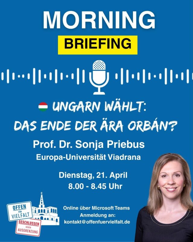 Autokraten-Dämmerung in Europa? Checken wir die Lage! 

🗳️Es lohnt sich, nach Ungarn zu schauen: Dort steht am Sonntag (12. April) eine richtungsweisende Wahl an – mit Bedeutung weit über das Land hinaus. Was hier entschieden wird, ist kein rein ungarischer Konflikt, sondern eine europäische Richtungsfrage.

Nach aktuellen Umfragen könnte Viktor Orbán, der seit 16 Jahren autokratisch regiert, mit seiner Partei Fidesz eine spektakuläre Niederlage erleben. Herausforderer Péter Magyar liegt derzeit deutlich vorne und wirft Orbán vor, russische Einflussnahme auf die Wahl zuzulassen.

Die Wahl hat das Zeug zum politischen Krimi: Es geht nicht nur um zwei Kandidaten oder Parteien – sondern um zwei Systeme. Die liberale Demokratie in der einen Ecke und die antiliberale in der anderen. 

Wir freuen uns, dass wir eine renommierten Osteuropa-Expertin für ein digitales Online-Morning-Briefing gewinnen konnten. 

🔝 Mit Prof. Dr. Sonja Priebus, Professorin für Politikwissenschaft an der Europa-Universität Vladrina in Frankfurt/Oder, werfen wir einen fundierten Blick auf die politische Lage. Außerdem berichtet der Kasseler Bundestagsabgeordnete Boris Mijatovic direkt von seinen Eindrücken als Wahlbeobachter vor Ort.

📅 Dienstag, 21. April
⏰ 08:00 Uhr
💻 via Microsoft Teams
📩 Anmeldung: kontakt@offenfuervielfalt.de

#ungarn #morningbriefing #wahlen #europa
