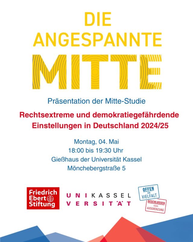 Viele Zuschreibungen ranken sich um die „Mitte der Gesellschaft“: Mit ihr gewinne man Wahlen, sie gelte als Rückgrat der Gesellschaft, als werteorientiert und stabil. Gleichzeitig sei die Mitte zunehmend offen für rechtsextreme und antidemokratische Einstellungen. Wir wollen genauer hinschauen. 

➡️ Am 4. Mai wird die diesjährige Studie Mitte-Studie „Die angespannte Mitte -Rechtsextreme und demokratiegefährdende Einstellungen in Deutschland 2024/25“ von 18:00 bis 19:30 Uhr auf dem Campus im Gießhaus (Mönchebergstraße 5) vorgestellt und diskutiert. 

Neben der Vorstellung der zentralen Ergebnisse gibt es auch ein inhaltliches Schwerpunktthema: Prof. Dr. Claudia Neu beleuchtet das Zusammenspiel von Raum, Daseinsvorsorge und Demokratie – also die Frage, wie Lebensbedingungen und regionale Unterschiede unsere demokratische Haltung prägen.

Im anschließenden Podiumsgespräch diskutieren unsere Gäste aus Wissenschaft, Praxis und Zivilgesellschaft:
– Silke Jordan (Wesertal ist bunt e.V.)
– Prof. Dr. Claudia Neu (Universität Kassel)
– Ute Orgir (Kasseler Verkehrs- und Versorgung-GmbH)

🤝 Danach ist Zeit für offenen Austausch, Fragen und Diskussion.

📍 Ort: Campus Kassel, Gießhaus
📝 Anmeldung: über die Website der Friedrich-Ebert-Stiftung (Link in der Bio)

#demokratie #kassel #mittestudie #mitte